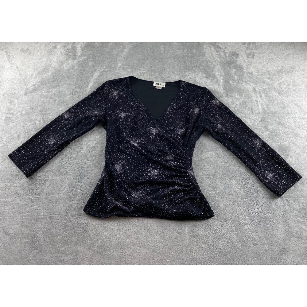 JBS Ltd Womens Black Metallic Starburst Wrap Blouse Ruched V-Neck Top Size M